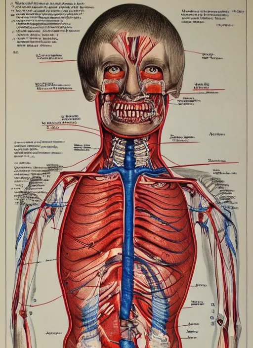 Image similar to vintage medical anatomical illustration of donald trump ( 1 9 8 4 ), highly detailed, labels, intricate writing