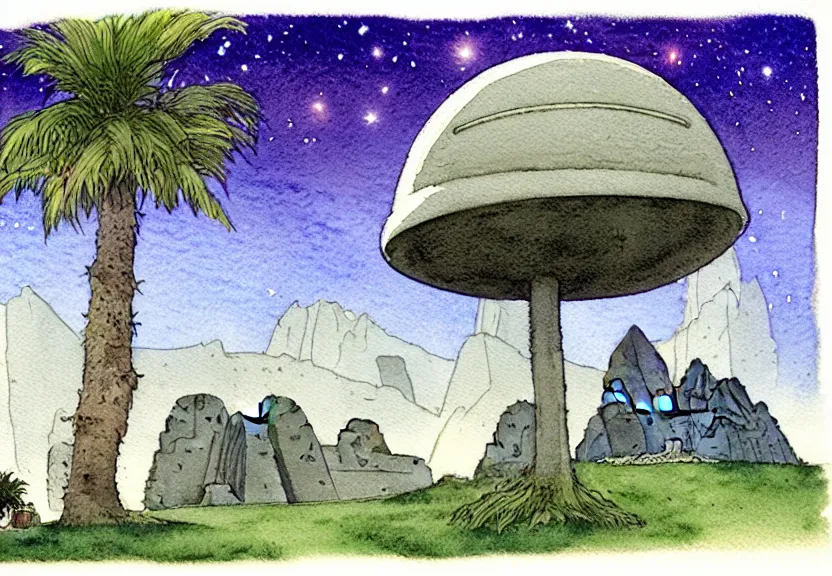 Prompt: a simple watercolor fantasy concept art of a dark grey boxy ufo next to a palm tree at night in machu pichu. by studio ghibli, rebecca guay, michael kaluta, charles vess