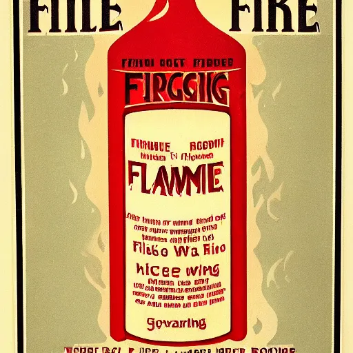 Prompt: vintage roaring windy fire flame warning bottle label