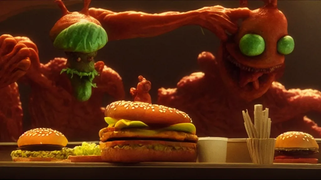 Prompt: the strange cheeseburger creature at the fast food place, film still from the movie directed by denis villeneuve and david cronenberg with art direction by salvador dali and zdzisław beksinski, commercial, wide lens