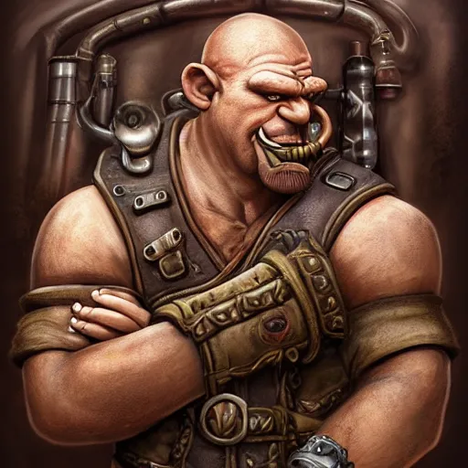 Image similar to portrait of a muscular, bald orc mechanic, wearing a heavy brown leather coat, wielding a wrench, tusks, steampunk setting, gears, airship, Warcraft character, dramatic lighting, high detail, digital art