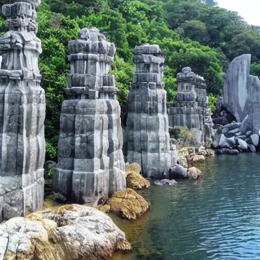 Prompt: security cam footage of very tall granite pillars by a cove with odd houses and temples on top of them