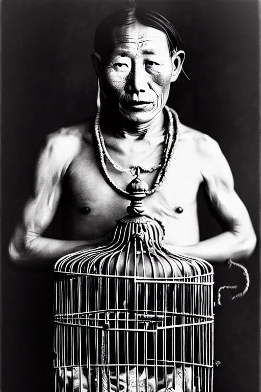 Image similar to ultra realistic vintage photo portrait of a tibetan man with a birdcage in the chest, by Annie Leibovitz,