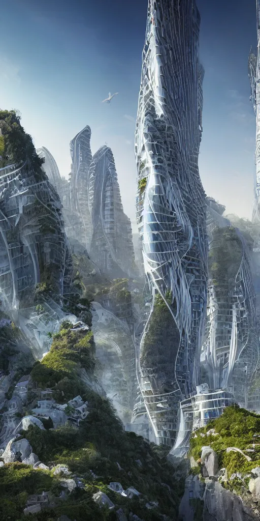 Prompt: in a sunny day, an architectural photograph of a skyscraper city built into the side of a cliff, a detailed matte painting by zaha hadid, atmospheric, cinematic lighting, nature meets architecture, cgsociety, fantastic realism, matte painting, terragen, artstation hq, clear glass, terraces, balconies, plants