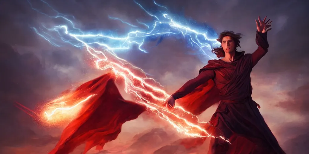 Image similar to epic scene of a handsome caucasian male sorcerer with brown hair, he is casting a blue and red spell that is emanating from his hands, heroic pose, medium shot, waist up, epic composition, post processing, concept art, by greg rutkowski