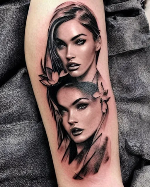 Image similar to creative double exposure effect tattoo design sketch of megan fox faded in beautiful mountain scenery, realism tattoo, in the style of matteo pasqualin, amazing detail, sharp