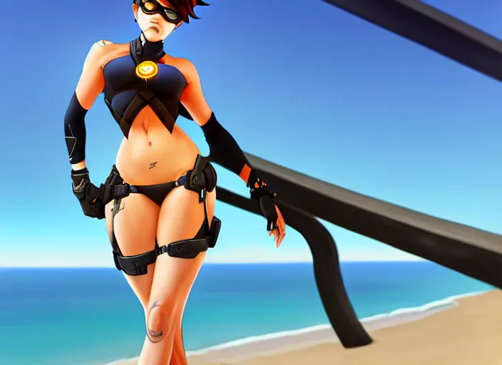 Prompt: overwatch tracer, dressed in a black thong, full length, wide hips, overlooking the beach, digital painting, realism