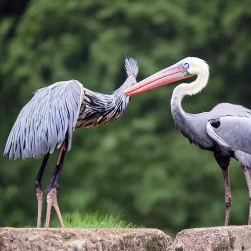 Prompt: shoebill stork and velociraptor hybrid animal, sharp beak, real photo, taken in zoo,