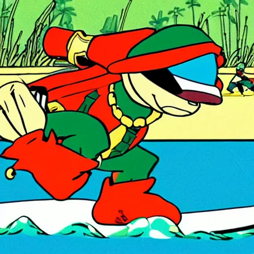 Image similar to a dodo wearing street clothes, a backwards ballcap and gold chain around its neck, surfing on on a hover board at a skate park at the beach, 1990s cartoon, teenage mutant ninja turtles