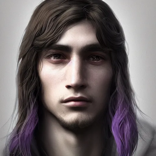 Prompt: a highly detailed Portrait of a young man with light gray long hair, purple eyes, in a black cloak, artstation, DeviantArt, professional, octane render