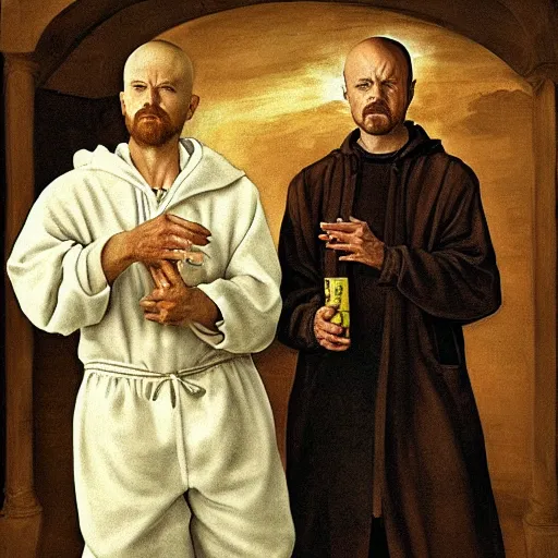 Image similar to walter white and jesse pinkman, renaissance painting, highly detailed