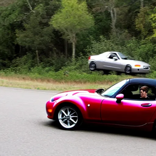 Prompt: a mazda miata being chased by a giant spider