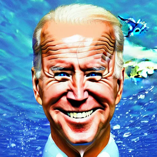 Prompt: joe biden sharkman swimming underwater, shark - human face, impressionism, fake photograph, caricature