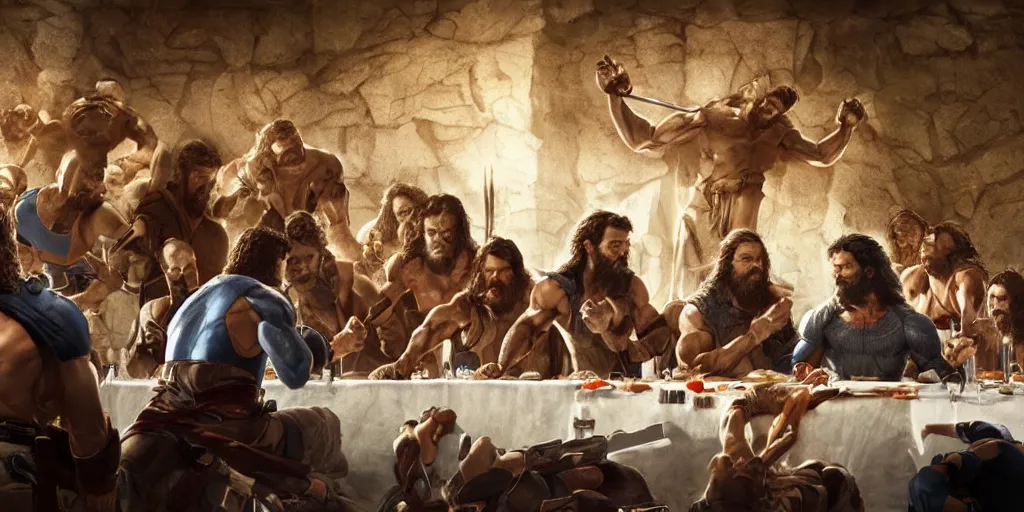 Image similar to professional physically based octane render of Wolverine, fighting Judas at the Last Supper, character concept art, epic composition, style of Marvel, 8k comic art, intricately detailed