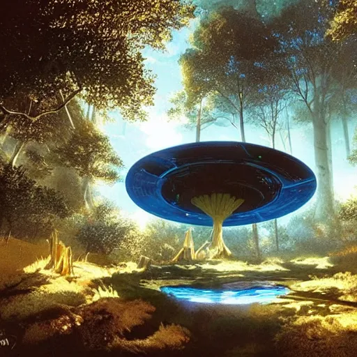 Image similar to floating derelict portal in a middle of a futuristic forest, world seen only through a portal, daylight, cinematic lighting, blue sky, syd mead, john harris