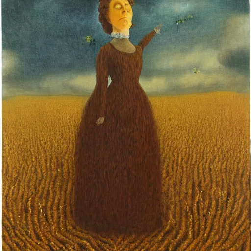 Image similar to by Remedios Varos, a brown haired giantess rising above a field of wheat. Cats are playing. Oil painting, high res, traditional