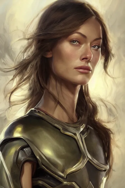 Image similar to a professional painting of a young Olivia Wilde, clothes in military armor, olive skin, long dark hair, beautiful bone structure, symmetrical facial features, intricate, elegant, digital painting, concept art, smooth, sharp focus, illustration, from StarCraft by Ruan Jia and Mandy Jurgens and Artgerm and William-Adolphe Bouguerea