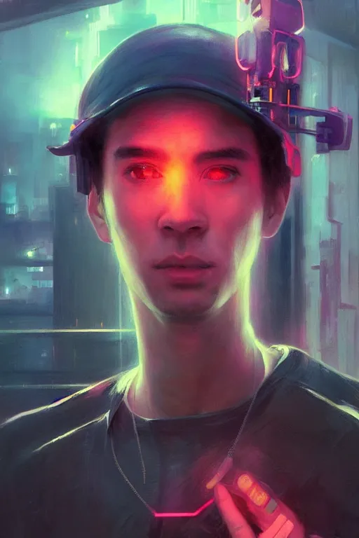 Image similar to portrait Ron Wisly with visor in cyberpunk, harry potter, neon lighting, night city, digital art from artstation by Ruan Jia and Mandy Jurgens and Artgerm and william-adolphe bouguereau and Greg Rutkowski