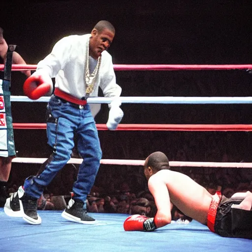 Prompt: jay - z and nas duke it out in a boxing ring madison square garden photo from 1 9 9 7
