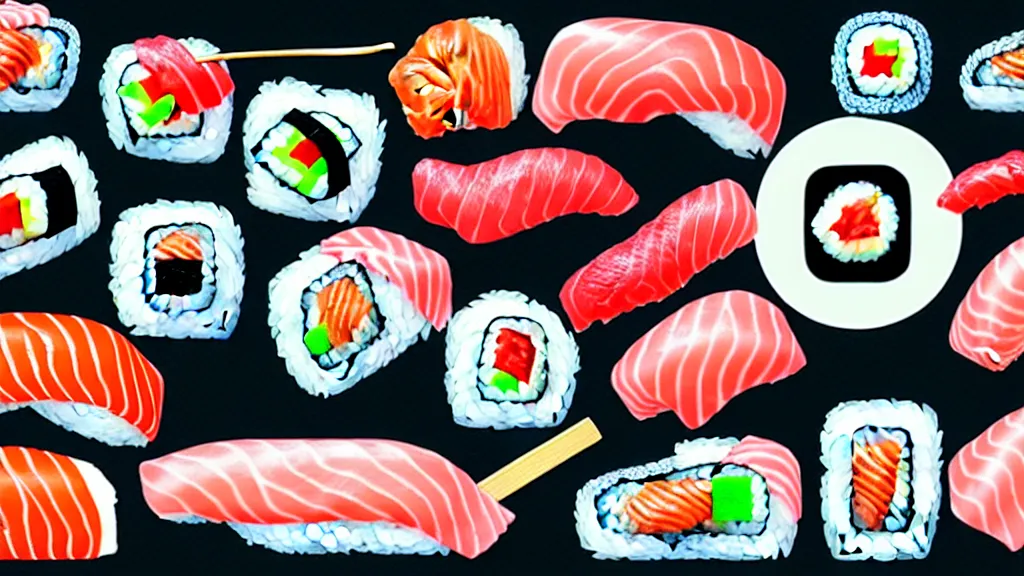 Image similar to a selection of single sushi platters, several items in an array, japan, a collage painting, in the style of wes anderson, lola dupre, david hockney, isolated on negative white space background dark monochrome neon spraypaint accents volumetric octane render