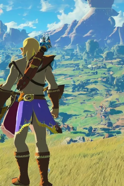 Image similar to in game footage of the character captain falcon in the legend of zelda breath of the wild, breath of the wild art style.