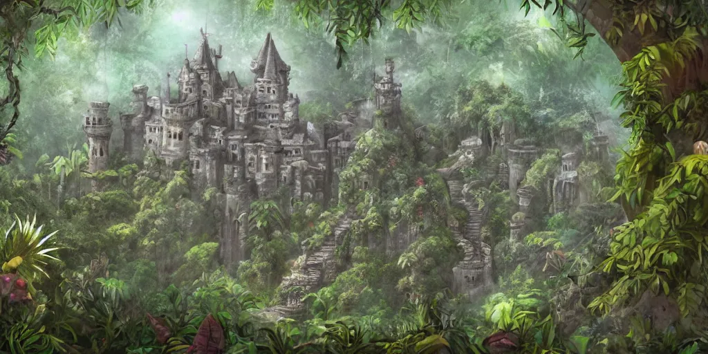 Image similar to a castle hidden in the jungle, overgrown with trees, misty, whimsical, cute art style, highly detailed, 4 k