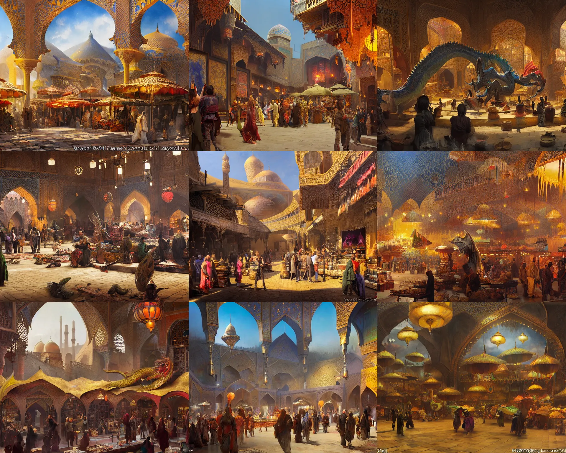 Prompt: a concept art matte painting in the style of orientalism of dragons on display in a dragon auction in the grand bazaar of isfahan by greg rutkowski and edwin lord weeks