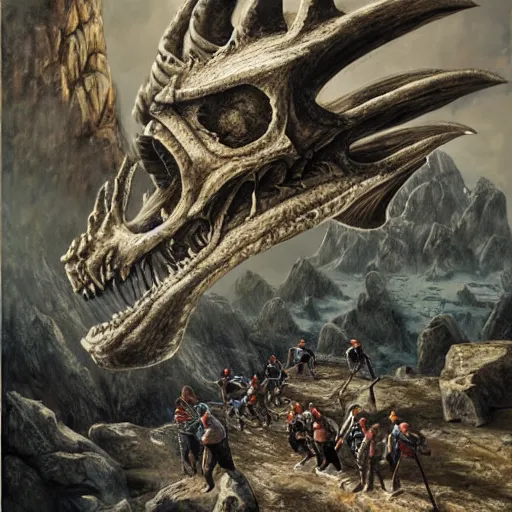 Image similar to groups of adventurer rock climbers climbing a giant ancient dragons skull, very detailed, fantasy art, dungeons and dragons, belaying, ropes, equipment, landscape, cover of national geographic