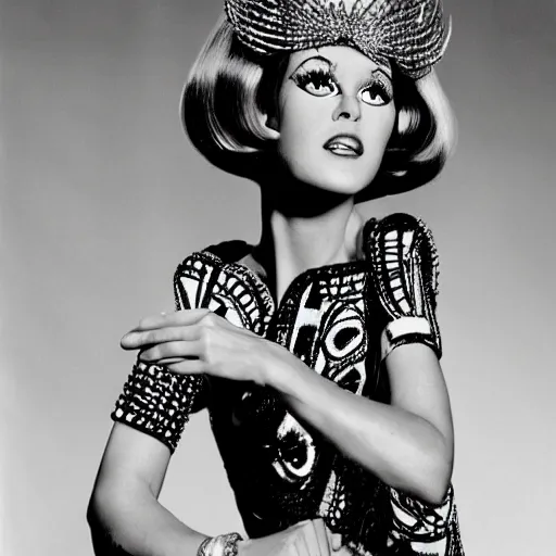 Image similar to close up of female movie star of the sixties with avant - garde dress, official versace gaultier editorial, highly detailed