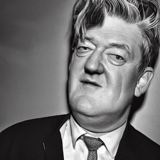 Prompt: Stephen Fry dressed up like David Lynch