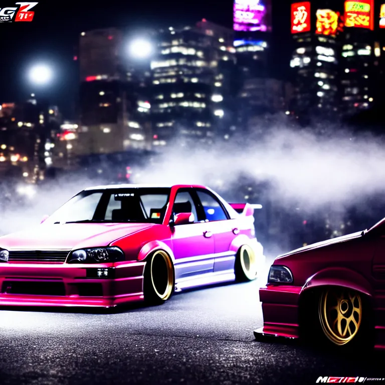 Image similar to a car JZX100 twin turbo drift at illegal car meet, Shibuya prefecture, city midnight mist lights, cinematic lighting, photorealistic, highly detailed wheels, high detail