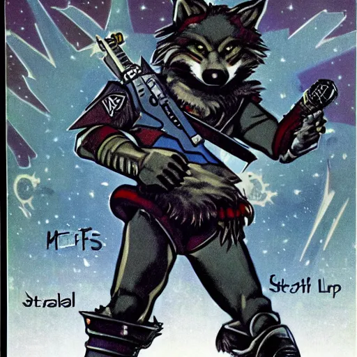 Image similar to 1 9 8 0 s video game art of anthropomorphic wolf o'donnell from starfox fursona furry wolf in a dark space mercenary uniform, looking heroic, magazine scan, 8 0 s game box art, dark grey wolf o'donnell