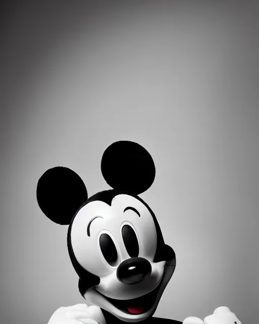 Prompt: A black-and-white studio portrait of a happy-looking Mickey Mouse in the style of a horror movie; bokeh, 90mm, f/1.4