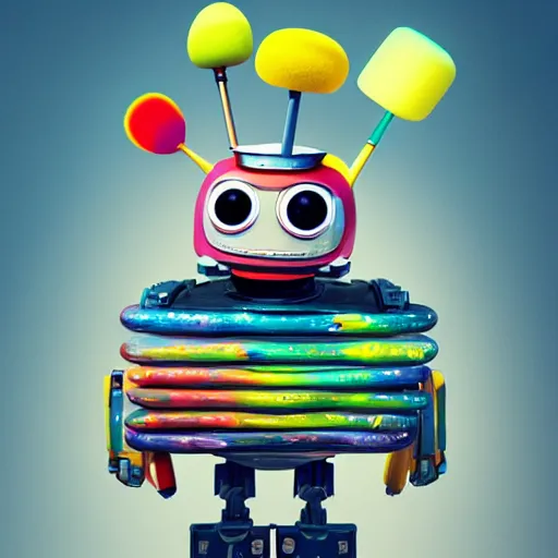 Image similar to portrait of cute robot with multiple paintbrushes, painting a canvas, pixar, galaxy, photorealism, 4 k, octane render, clean design, beautiful light