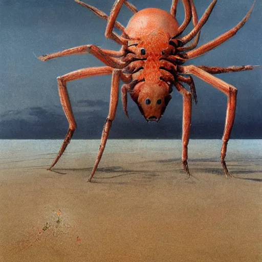 Image similar to decaying salmon on the beach, spiders, by beksinski, 4 k, ultra realistic, highly detailed.