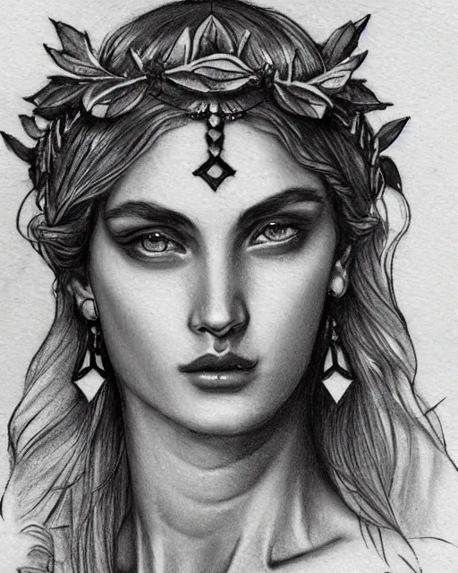 Prompt: realism tattoo sketch of a beautiful greek goddess aphrodite with piercing eyes wearing a laurel wreath and triangle earrings, in the style of greg rutkowski, amazing detail