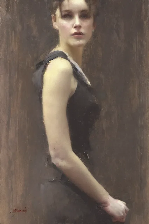 Prompt: Richard Schmid and Jeremy Lipking victorian genre painting full length portrait painting of a young beautiful woman