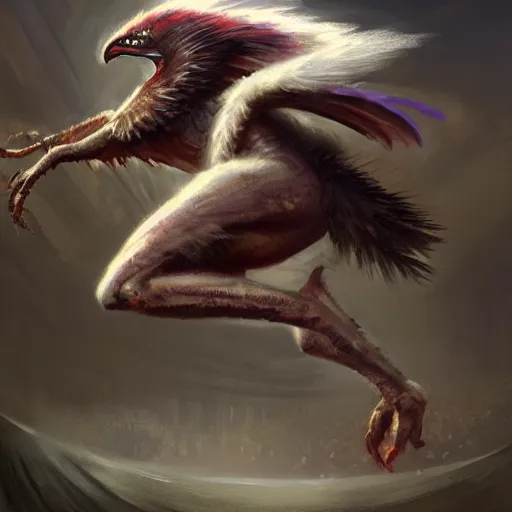 Image similar to digital painting of an elegant dancing but deadly chicogriff, griffin chicogriff hybrid monster, by Greg Rutkowski, magic the gathering concept art, trending on artstation, 4k resolution, in costco supermarket car park