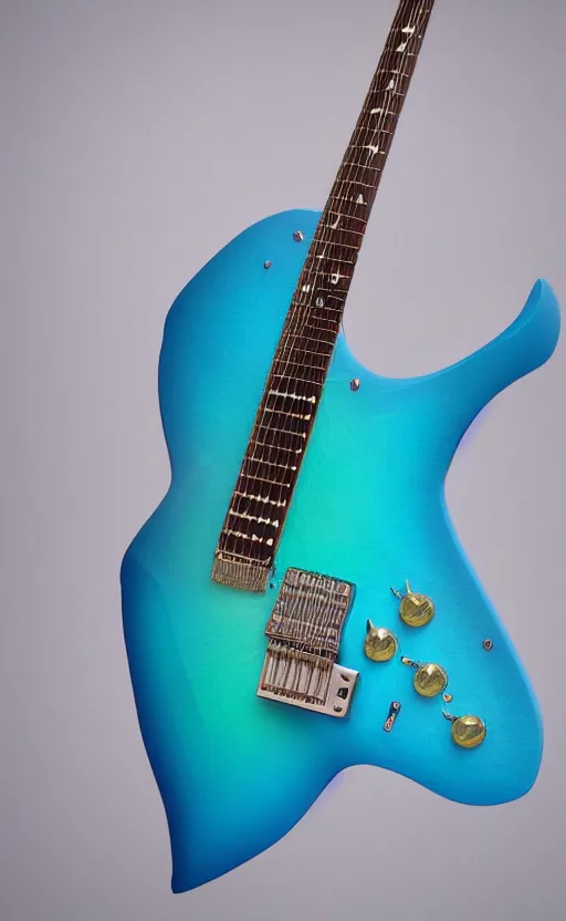 Image similar to award winning photograph of an electric guitar shaped as a bird of paradise, teal colors, 3 d hyperrealistic 8 k image style, detailed render, stunning studio photograph with dramatic lighting, depth of field