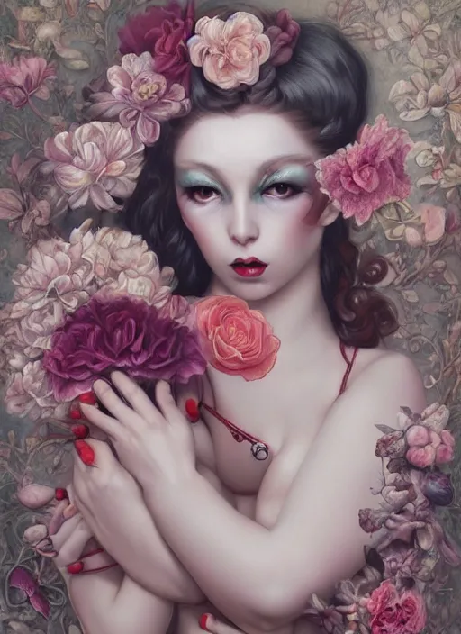 Image similar to pop surrealism, lowbrow art, realistic seductive cute woman painting, body harness, japanese shibari with flowers, hyper realism, muted colours, rococo, natalie shau, loreta lux, tom bagshaw, mark ryden, trevor brown style,