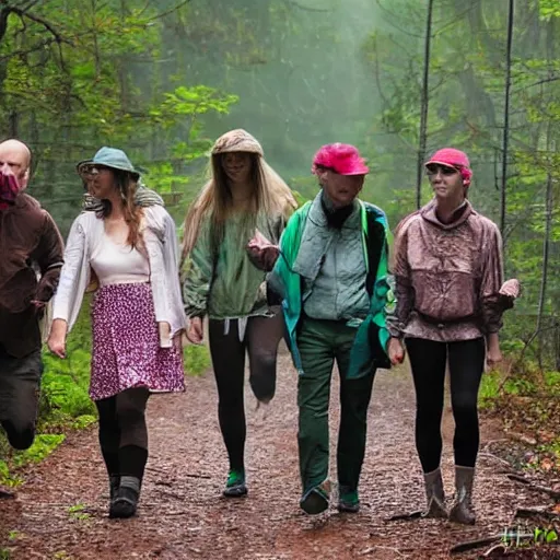 Image similar to A group of friends in costumes walking in the forest looking for mushrooms while a thunderstorm is brewing in the background