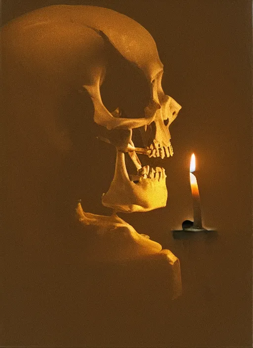 Image similar to a man's face in profile, candles skeleton, in the style of the Dutch masters and Gregory Crewdson, dark and moody