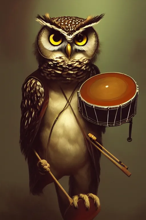 Prompt: portrait of an anthropomorphic owl playing the drums, dramatic lighting, highly detailed, digital painting, artstation, concept art, smooth, sharp focus, illustration, art by wlop, mars ravelo and greg rutkowski