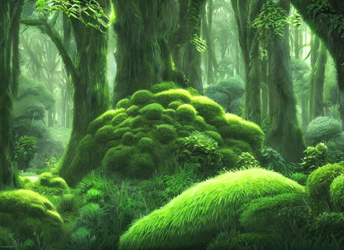 Image similar to A lush green forest by Ghibli Studio, digital art, immaculate scale