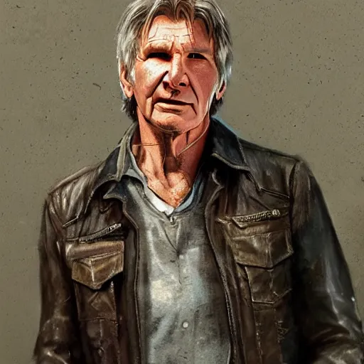 Image similar to a highly detailed epic cinematic concept art CG render digital painting artwork costume design: Harrison Ford, old scars, tired and drunk, in an old 1950s leather jacket. By Greg Rutkowski, Ilya Kuvshinov, WLOP, Stanley Artgerm Lau, Ruan Jia and Fenghua Zhong, trending on ArtStation, made in Maya, Blender and Photoshop, octane render, excellent composition, cinematic atmosphere, dynamic dramatic cinematic lighting, aesthetic, very inspirational, arthouse