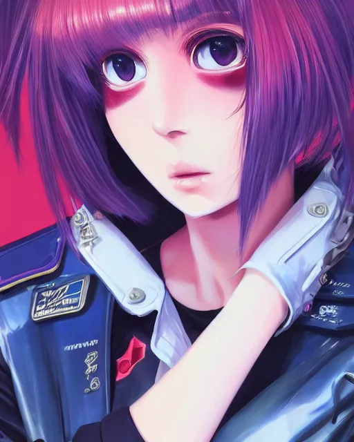 Image similar to ! dream police officer girl very very anime!!! fine face, audrey plaza, realistic shaded perfect face, fine details. anime. realistic shaded lighting cyberpunk futuristic neon tattoos styled hair reflective puffy sheen film jacket decorated poster by ilya kuvshinov katsuhiro otomo ghost in the shell magali villeneuve artgerm jeremy lipkin michael garmash rob rey