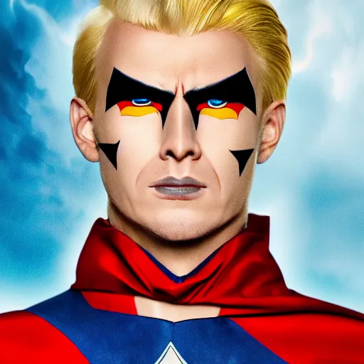 Image similar to portrait of a evil blonde superhero two sides hair and thin face lines, his cape is the american flag, he is angry, his costume is blue with yellow eagles head on the shoulders, 8 k, hyper realistic, movie imax shot, film, cinematography, red