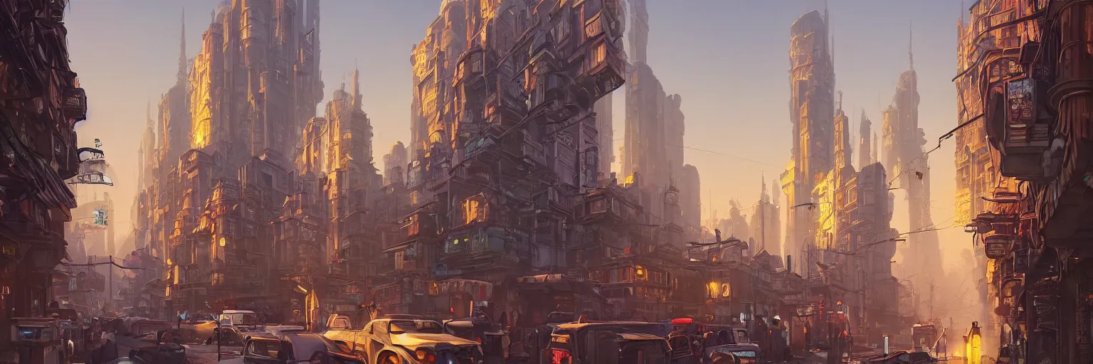 Image similar to an street level painting with high detail, ground level, sci - fi colorful victorian megacity at golden hour with sharp shadows by tyler edlin and sparth, 4 k, vray, art nouveau influences. roger deakins, cinematic cinematography.