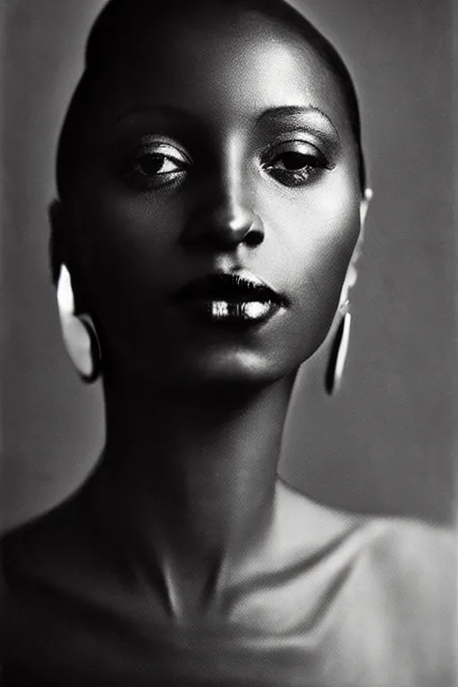 Prompt: stunning black and white portrait of a beautiful black woman by sarah moon. long glossy hair and makeup. vintage glamour. shiny dark lips. sharp focus.