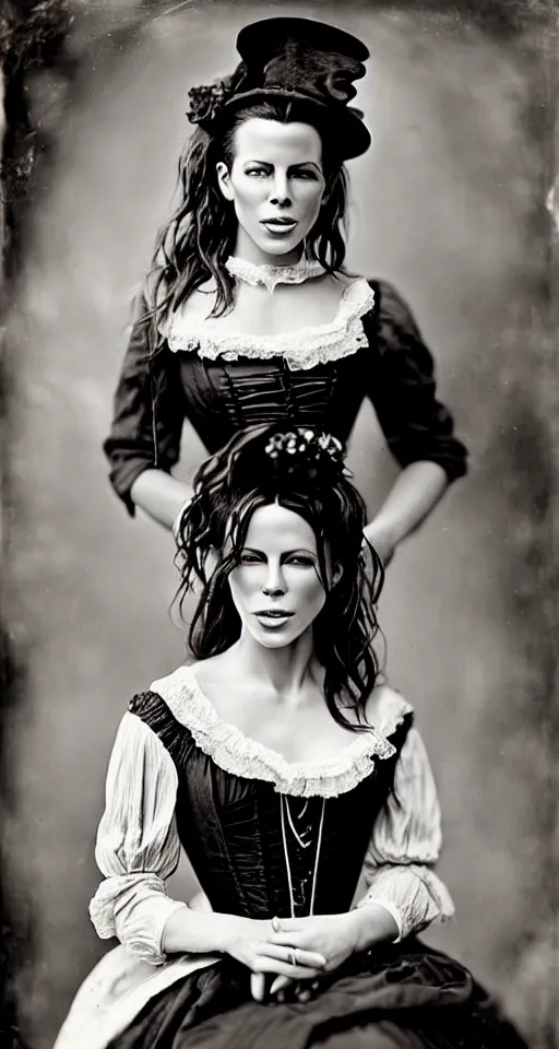 Prompt: a wet plate photograph, a beautiful portrait of Kate Beckinsale dressed in victorian era clothes